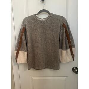 THML Women's 3/4 Puff Sleeve Buttons Accent sherpa Cottagecore quiet luxury Top